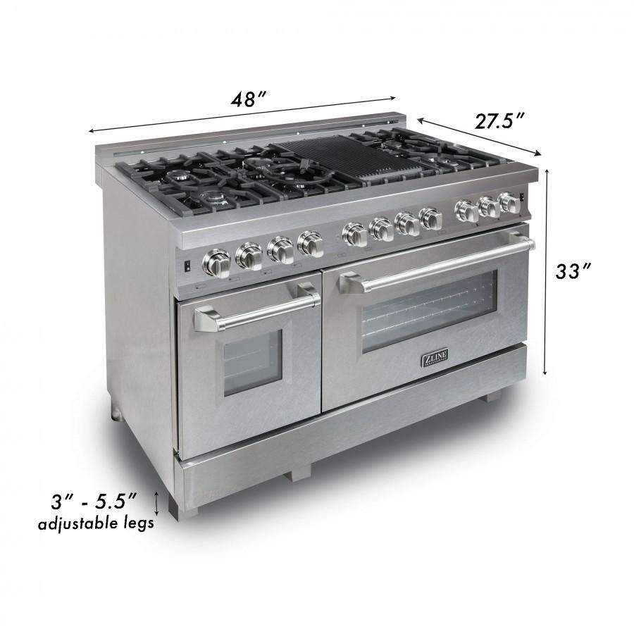 Stainless steel 48-inch dual fuel range with dimensions shown on the side