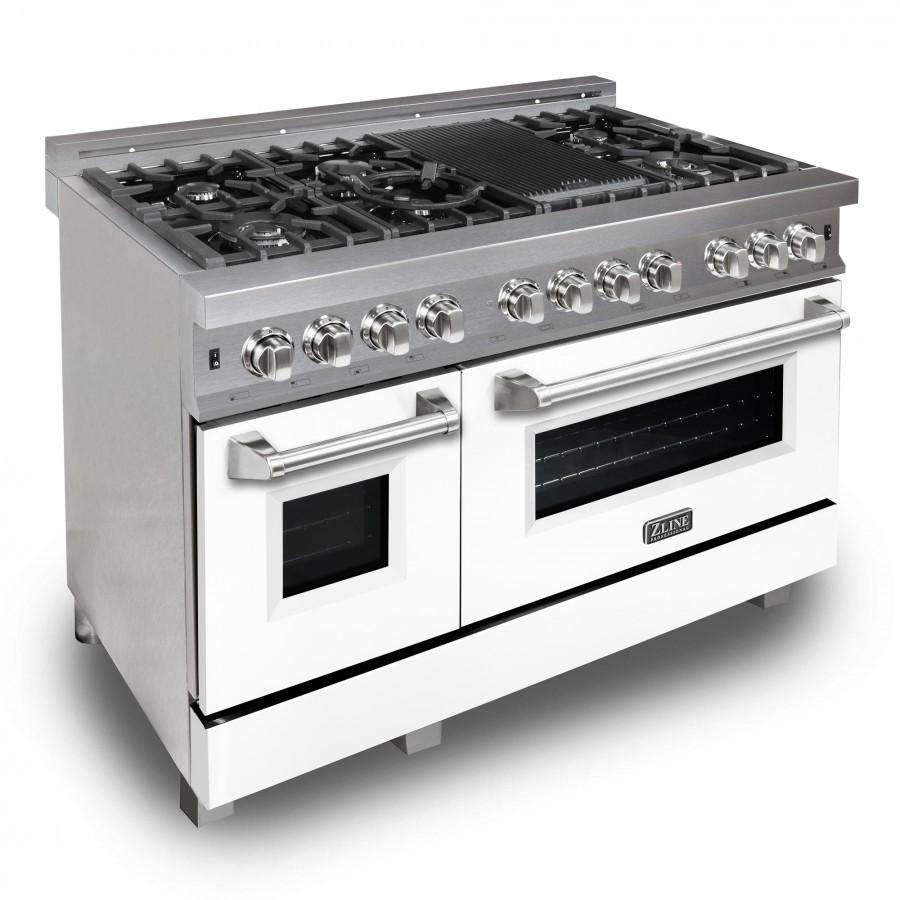 Stainless steel dual fuel range with burner grates, control knobs, and two oven doors