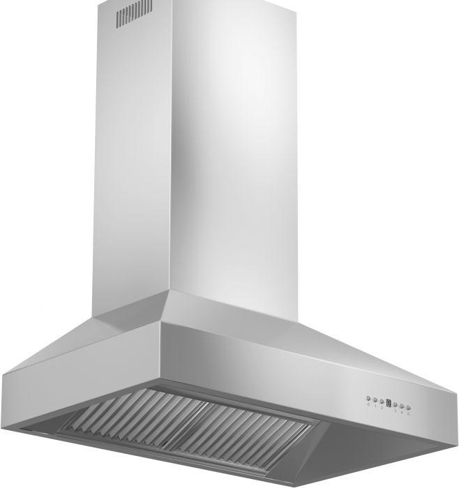 Stainless steel ducted wall-mount range hood front with baffle filter and controls