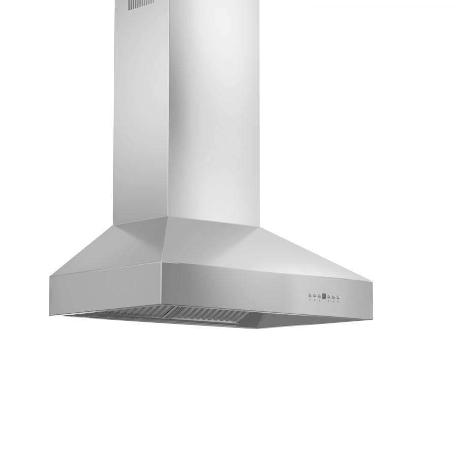 Stainless steel ducted wall-mount range hood with wide canopy and front vent grille