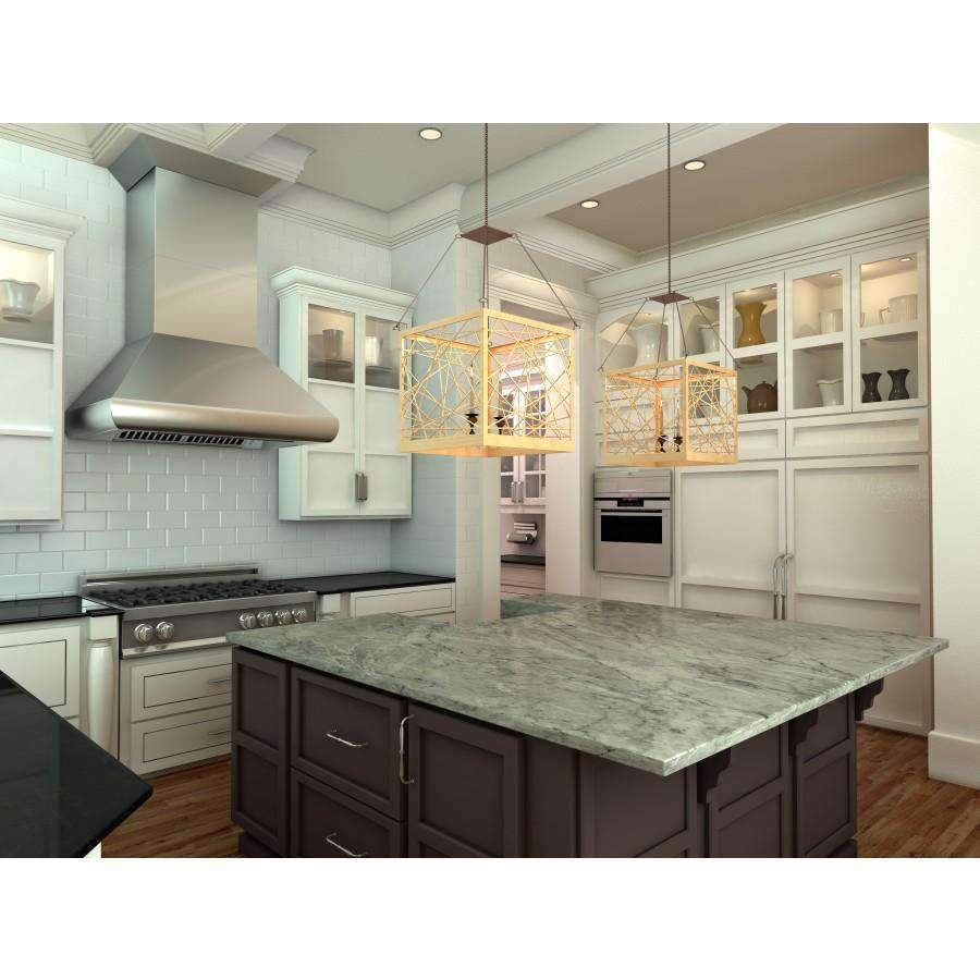 Stainless steel ducted wall mount range hood on wall above cooktop