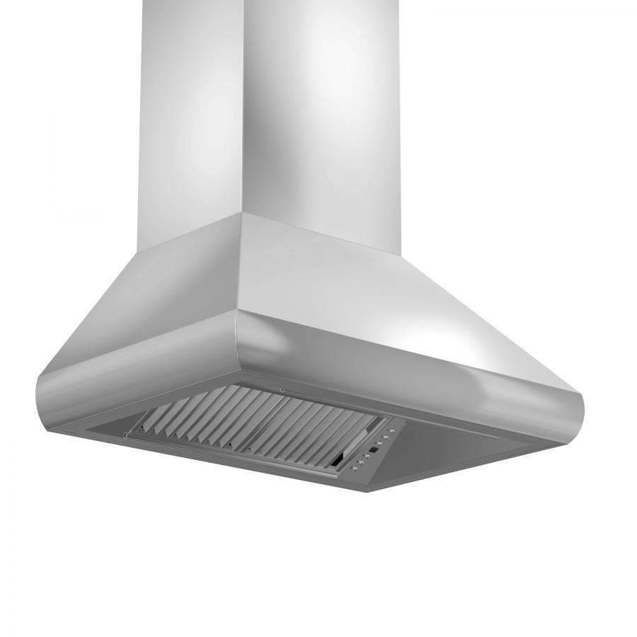 Stainless steel ducted wall mount range hood with curved chimney canopy and vent grille