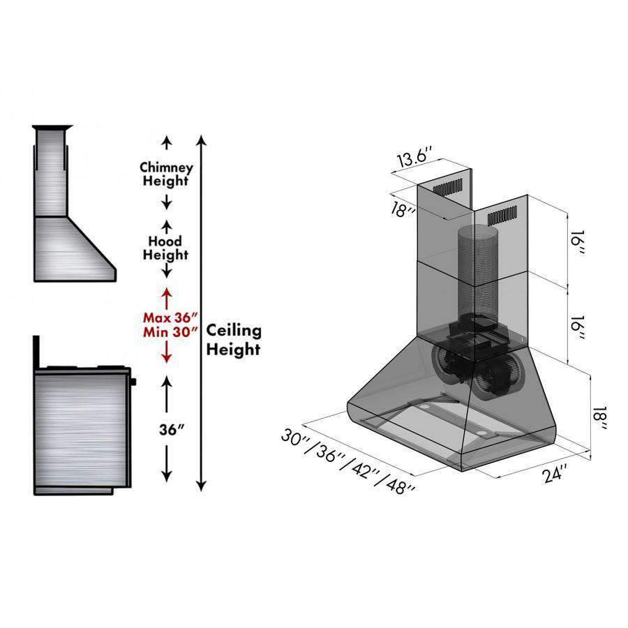 Stainless steel ducted wall mount range hood with chimney and measurement diagram