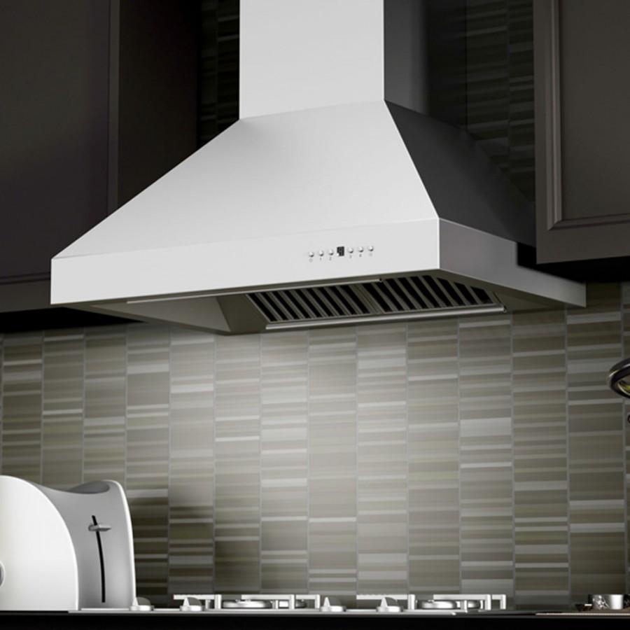 Stainless steel ducted wall-mount range hood with front vent grille and touch controls