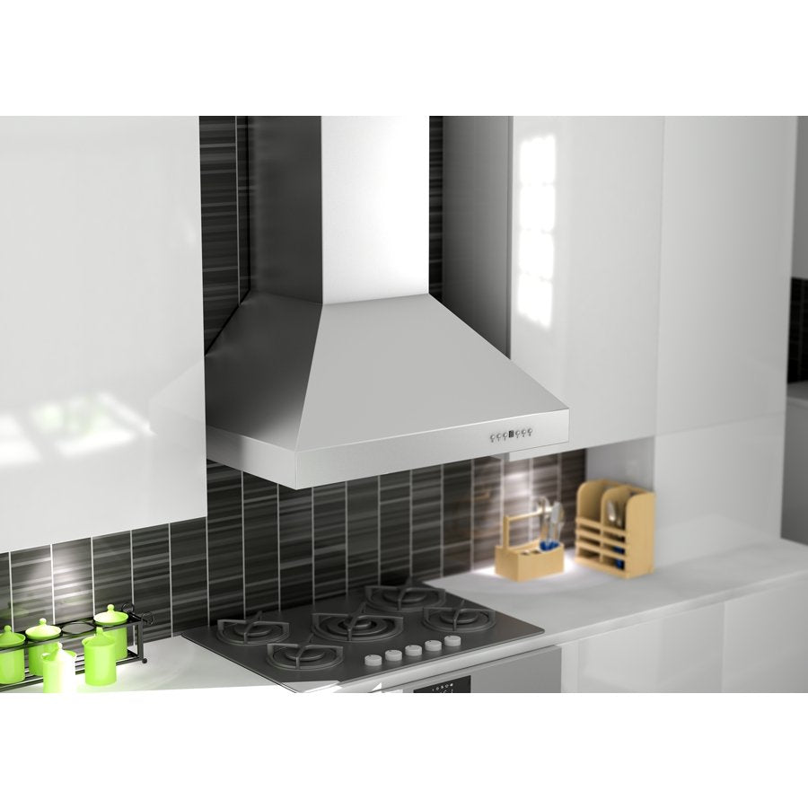 Stainless steel ducted wall-mount range hood above stove with front vent canopy