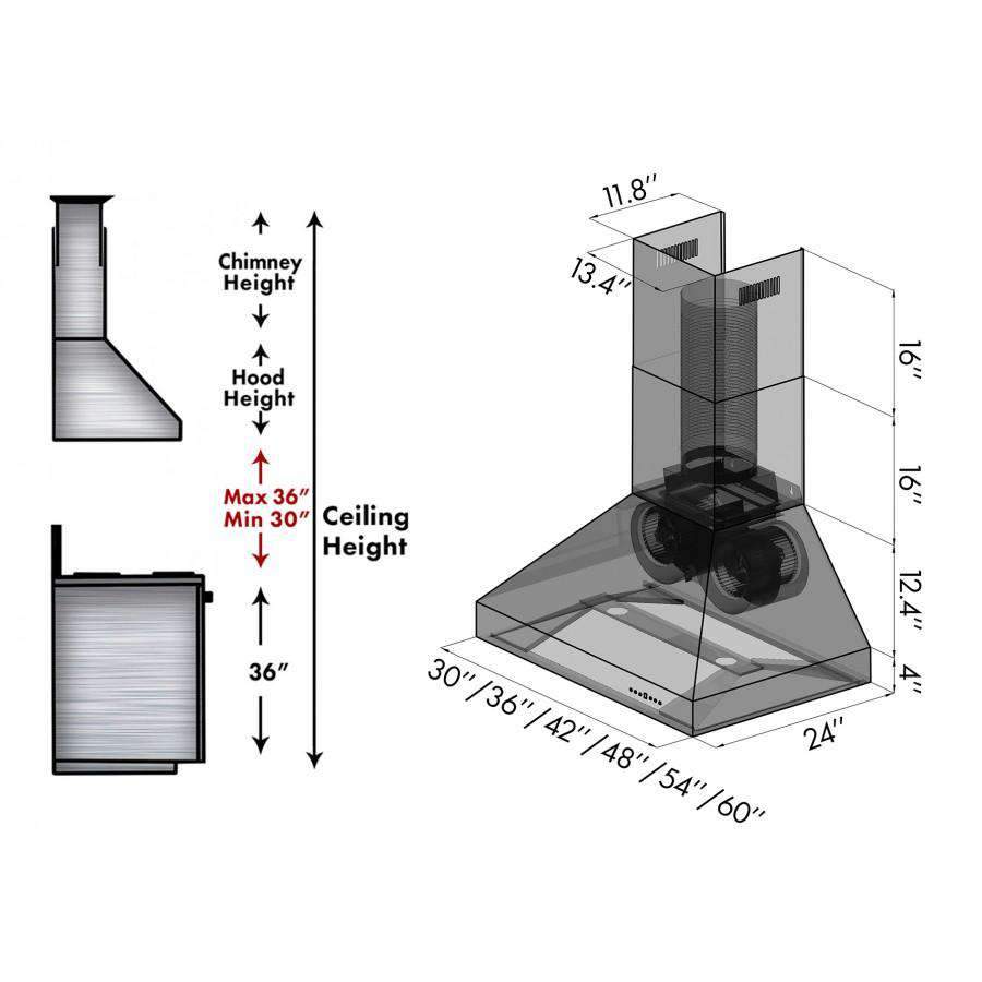 Ducted wall mount range hood dimensional diagram with chimney and canopy