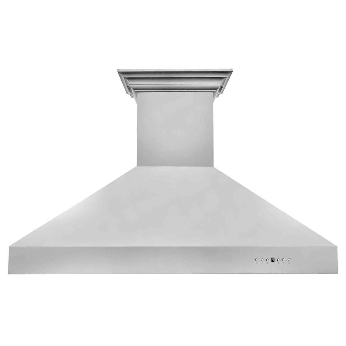 Stainless steel chimney-style wall mount range hood with wide vent canopy.