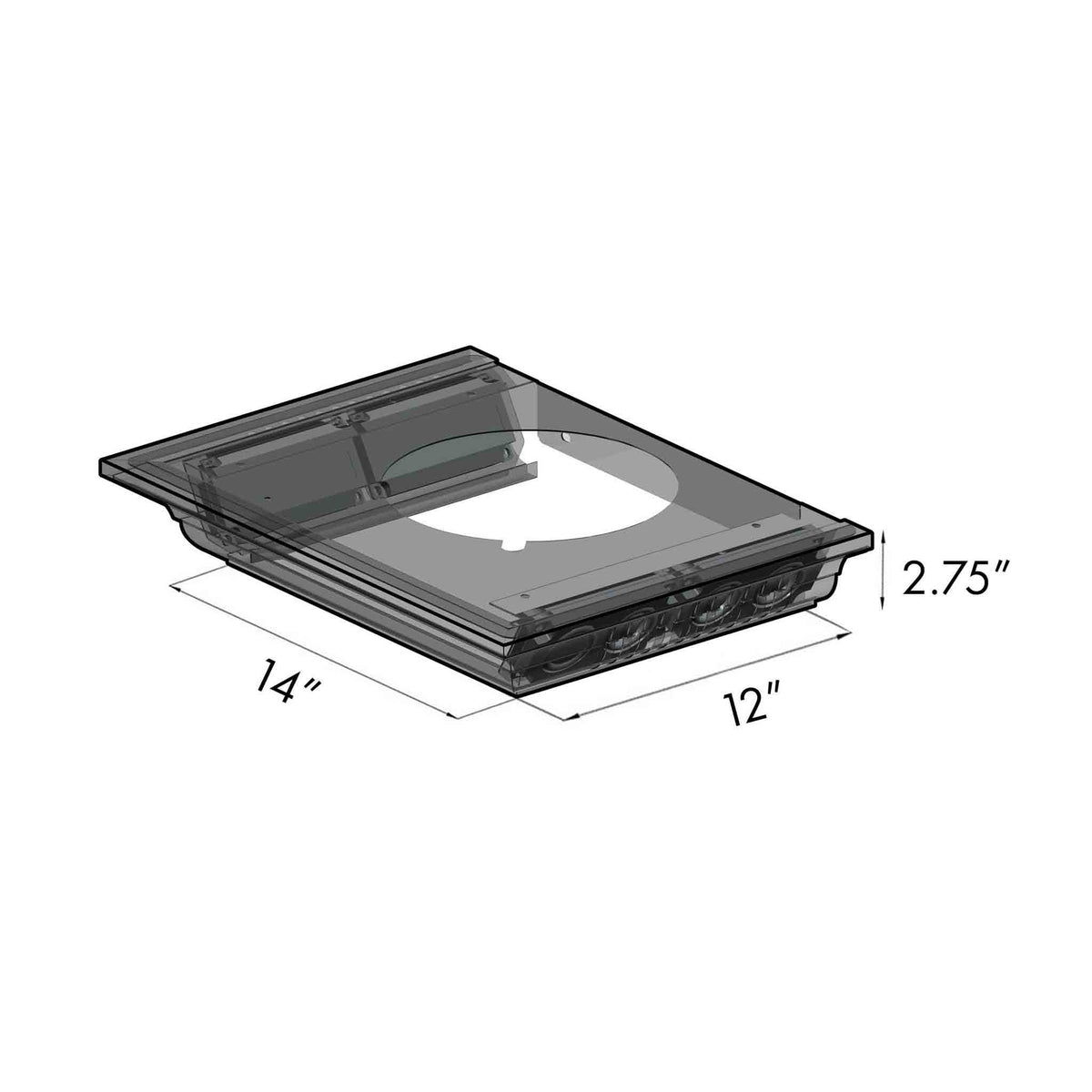 Stainless steel wall mount range hood with removable glass/metal top cover, 12 in depth.