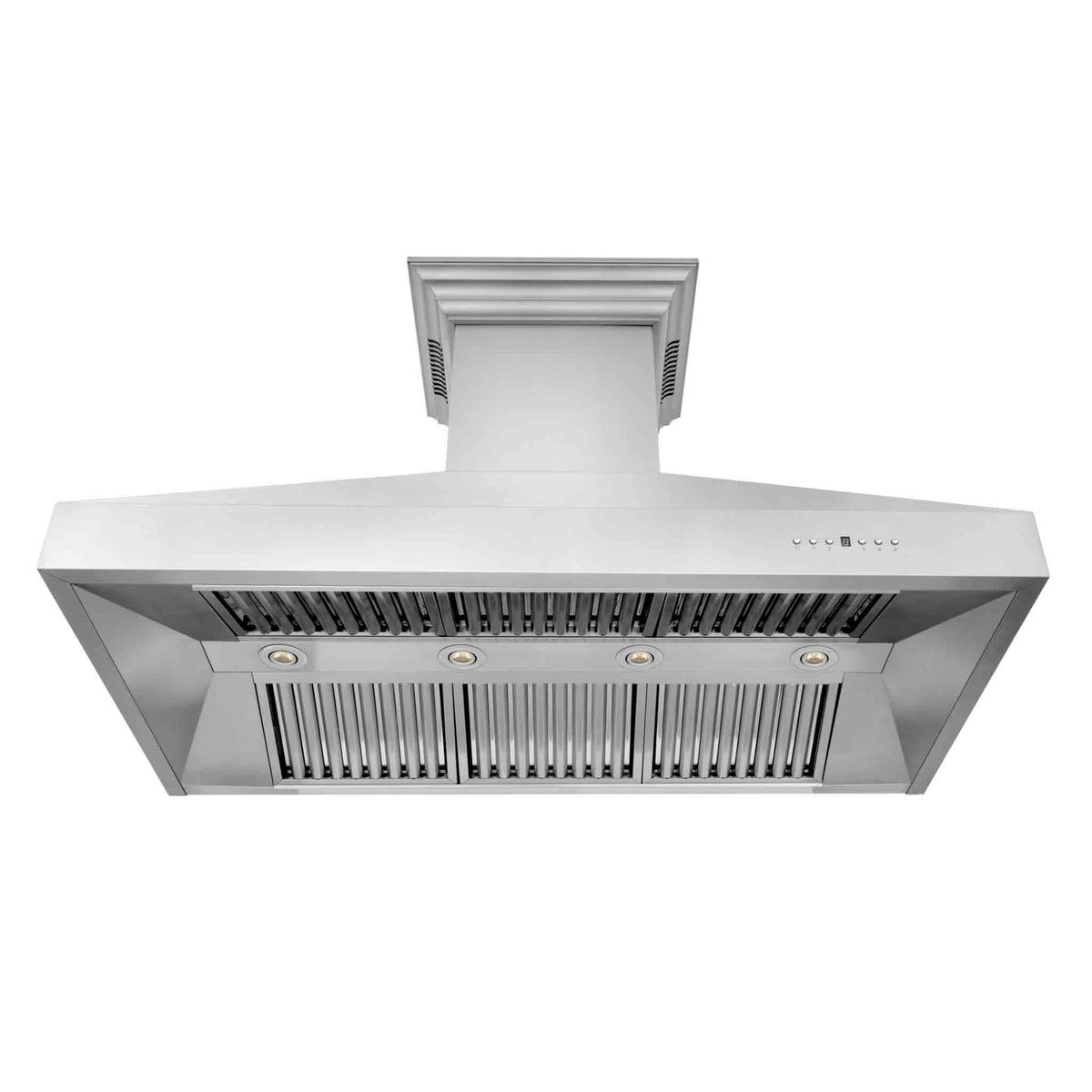 Stainless steel range hood front panel with grease filters and control buttons