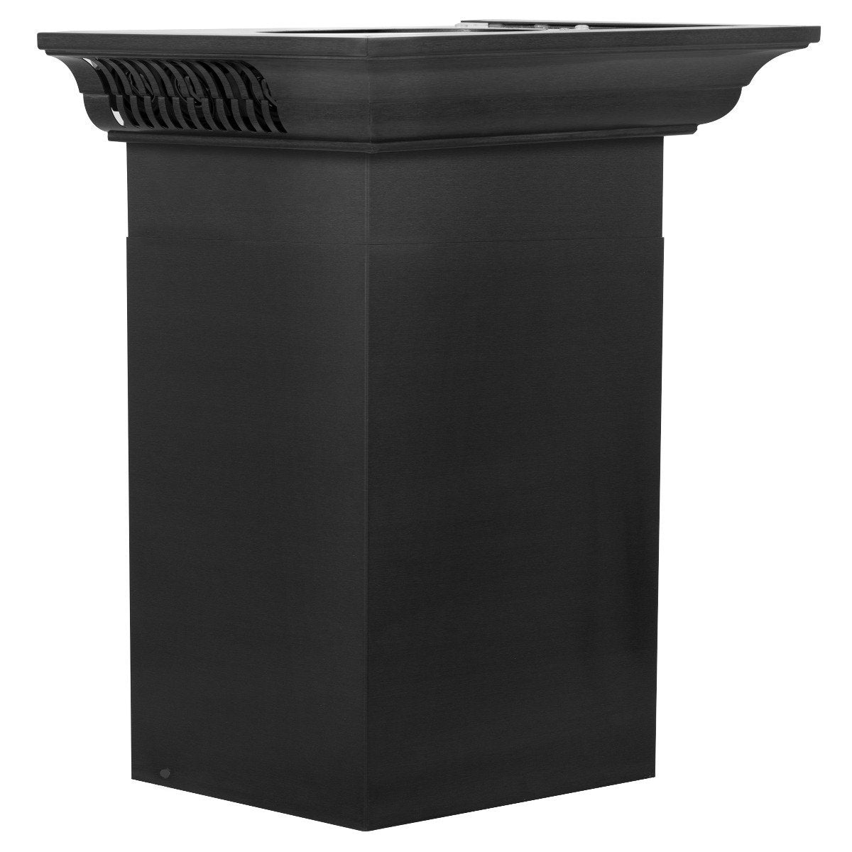 Wall-mounted range hood with black stainless finish and top vent grilles along the front