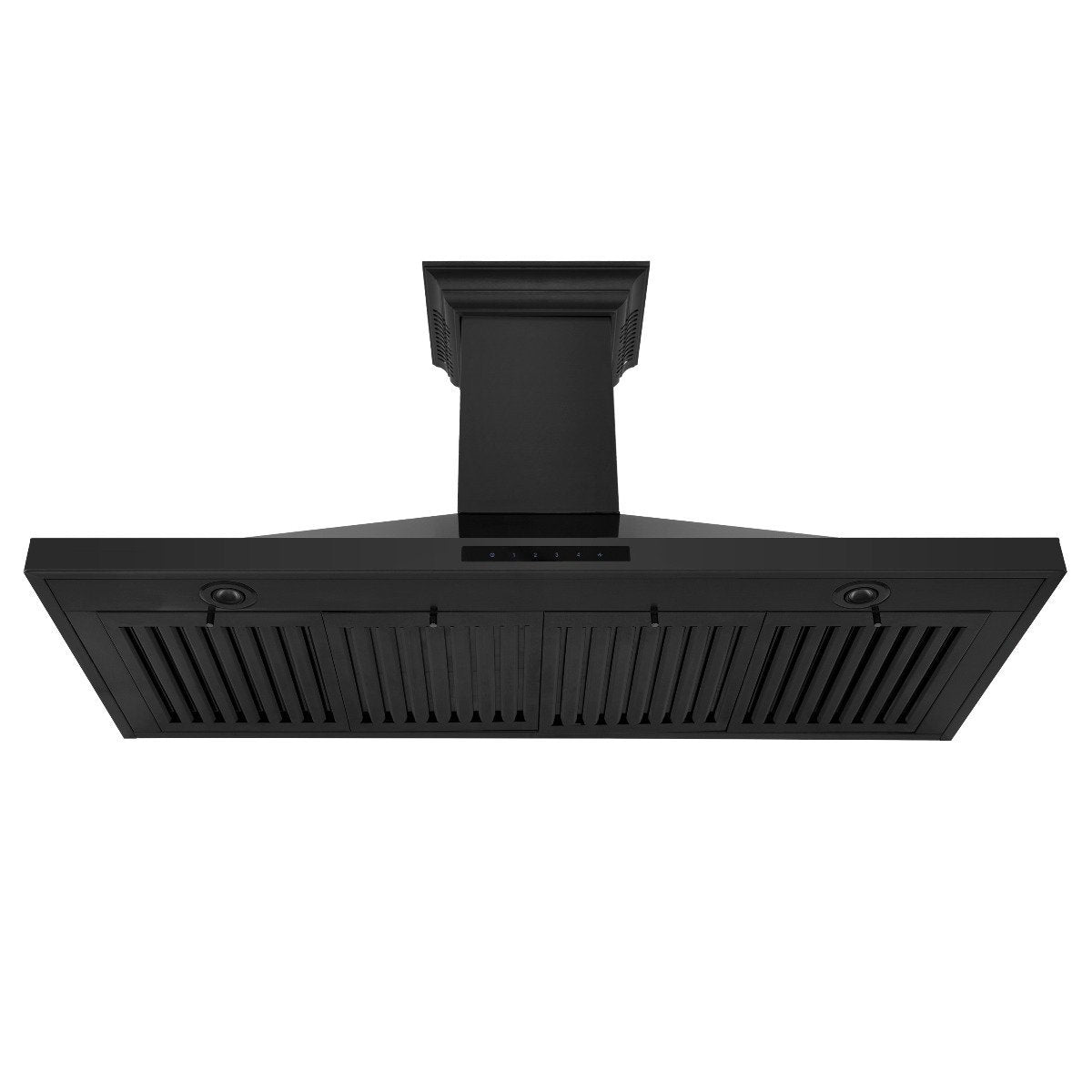 Ceiling chimney wall range hood with wide front vent slats and central duct opening