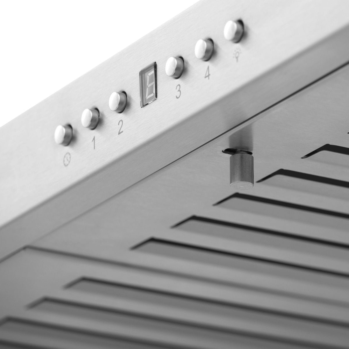 Stainless steel range hood control panel with numbered buttons and indicator display