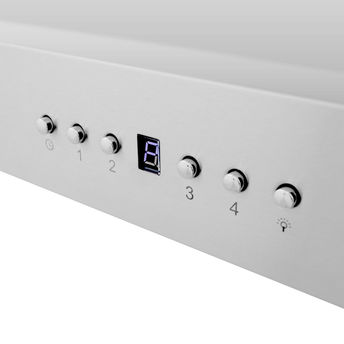 Stainless steel control panel with numbered knobs and small digital display