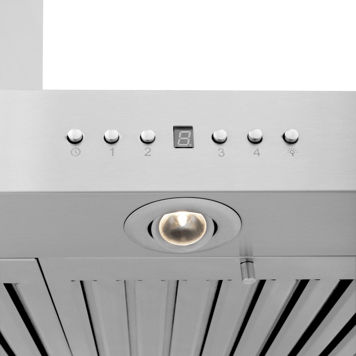 Stainless steel control panel with numbered buttons, digital display, and recessed spotlight