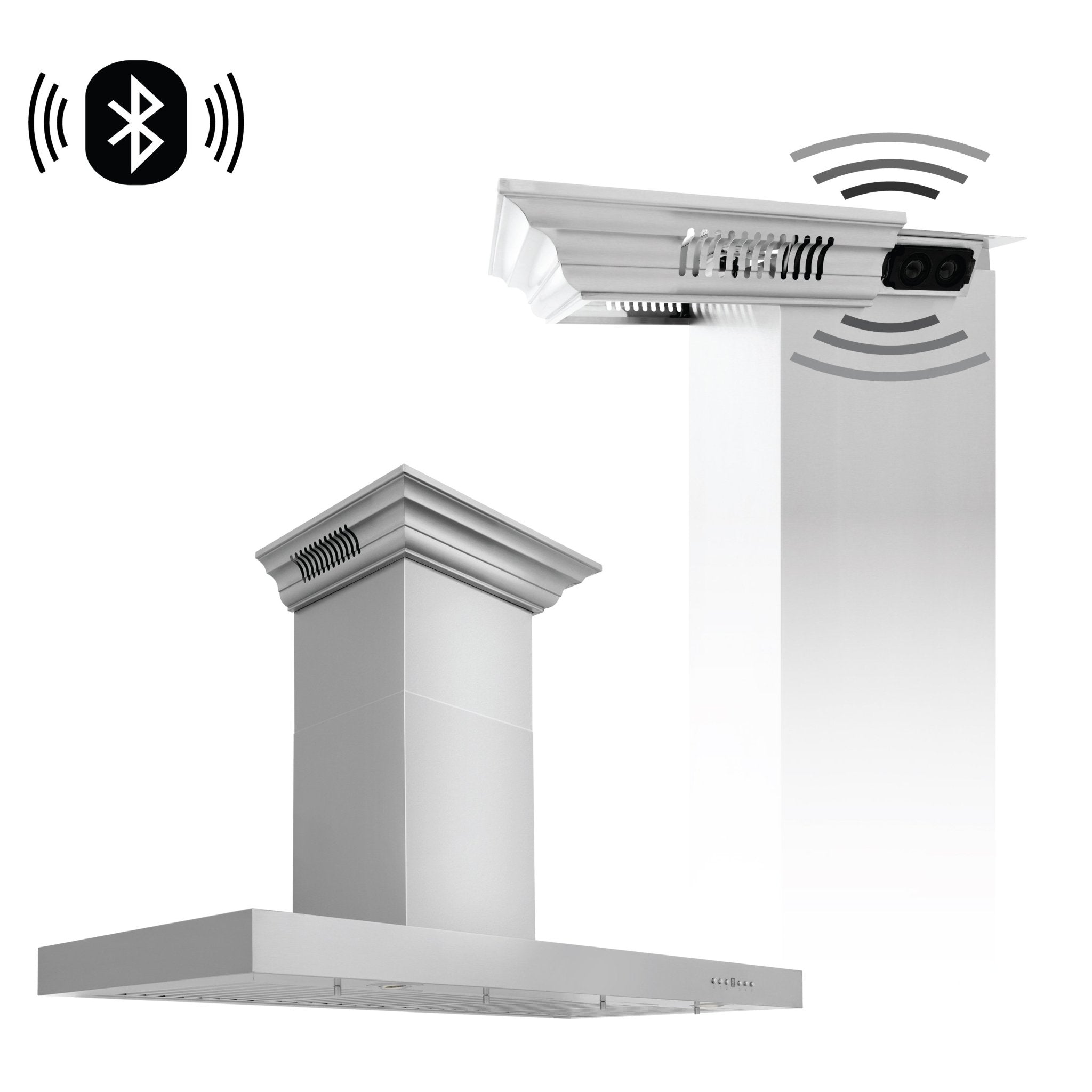 Stainless steel wall-mount range hood with CrownSound Bluetooth speaker module and signal icons