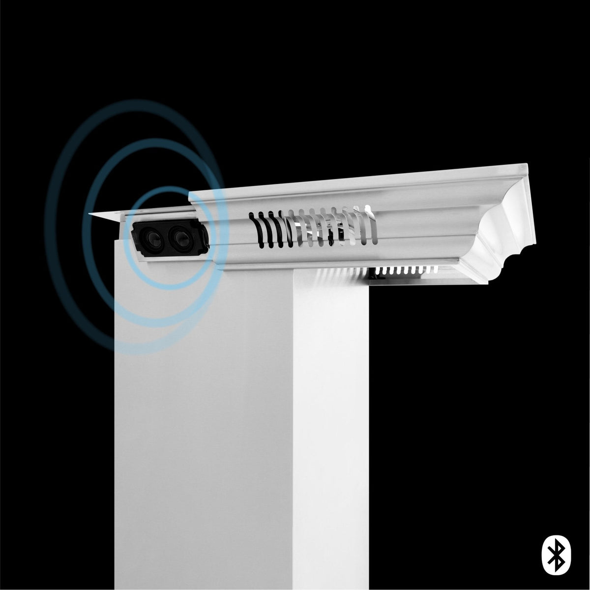 Stainless steel wall-mount range hood with built-in speaker module and Bluetooth icon