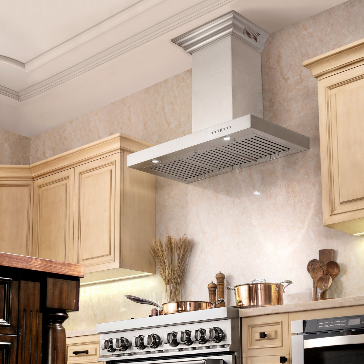 Stainless steel wall-mount range hood with chimney chimney and vented underside
