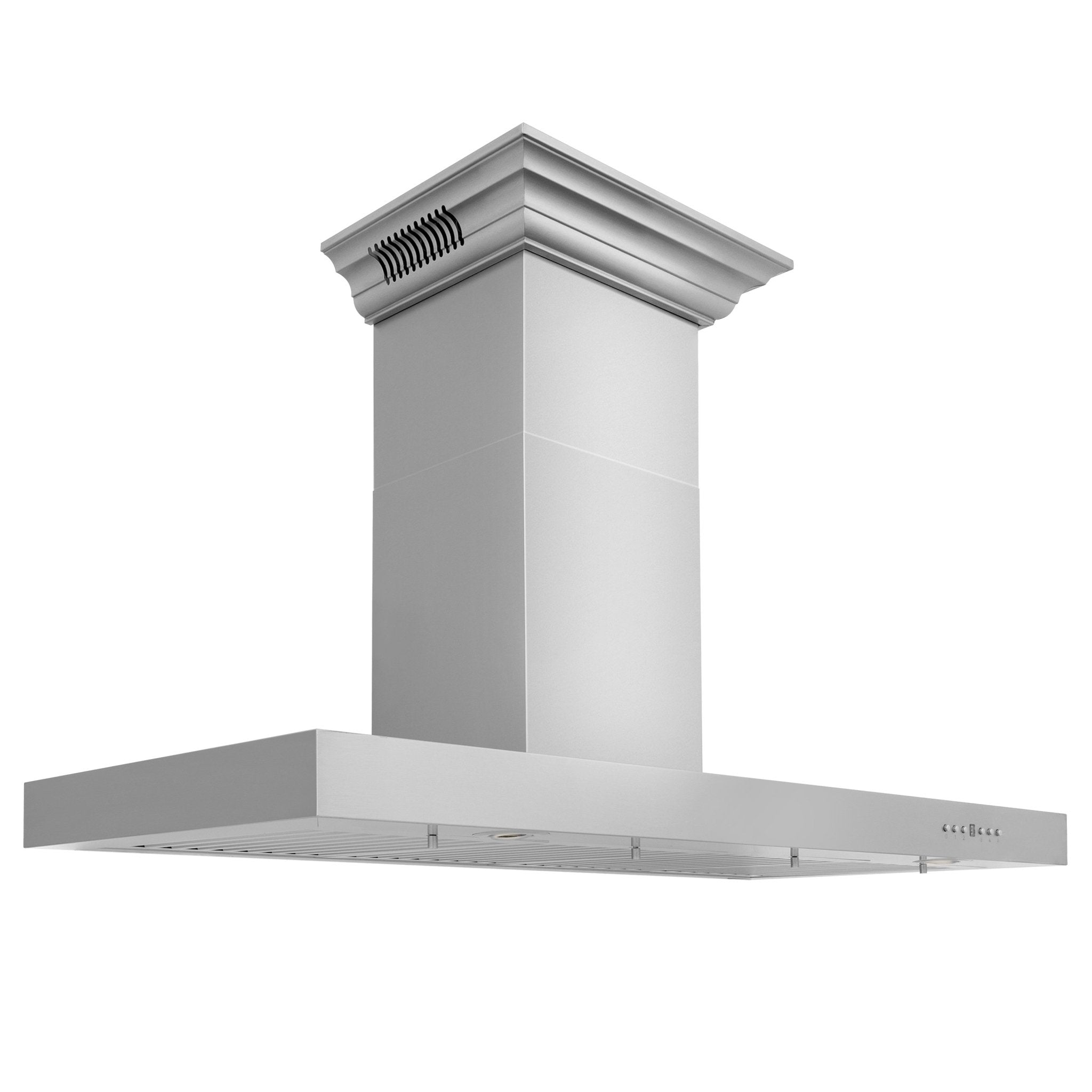 Stainless steel wall-mount range hood with decorative crown top and wide canopy