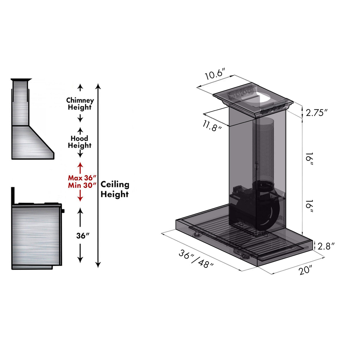 Stainless steel wall-mount range hood with chimney and wide base canopy, shown with measurements