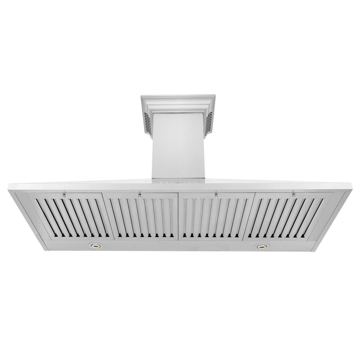 Stainless steel wall mount range hood with vented canopy and tall chimney