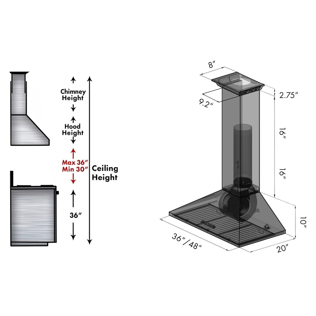 Stainless steel wall mount range hood size diagram with chimney and height measurements