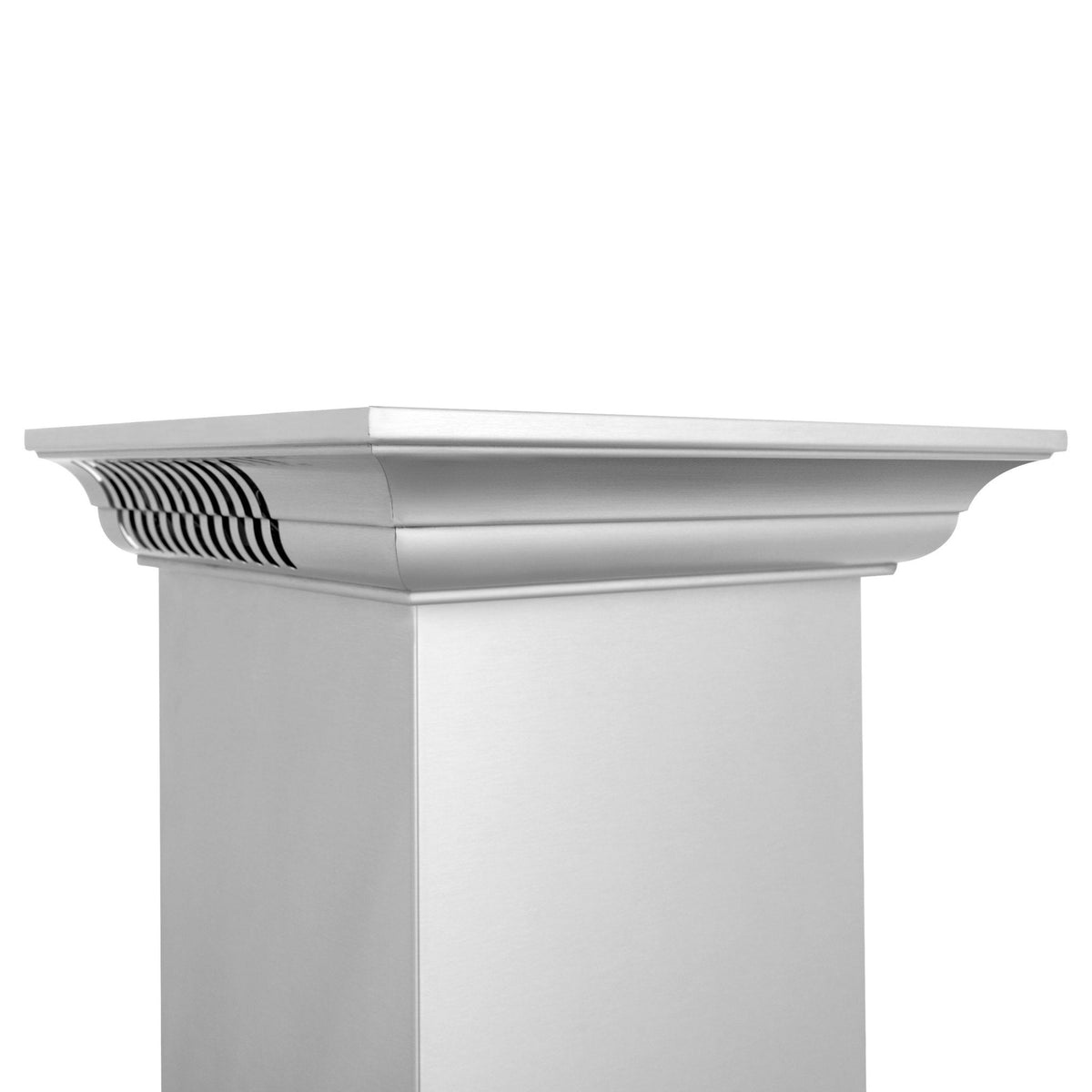 Stainless steel wall mount range hood with curved canopy edge and vent grille
