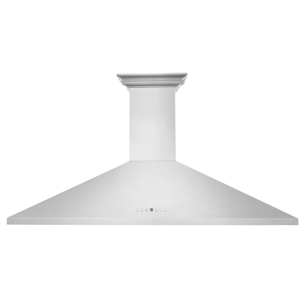 Stainless steel wall mount range hood with tall chimney and wide angled canopy