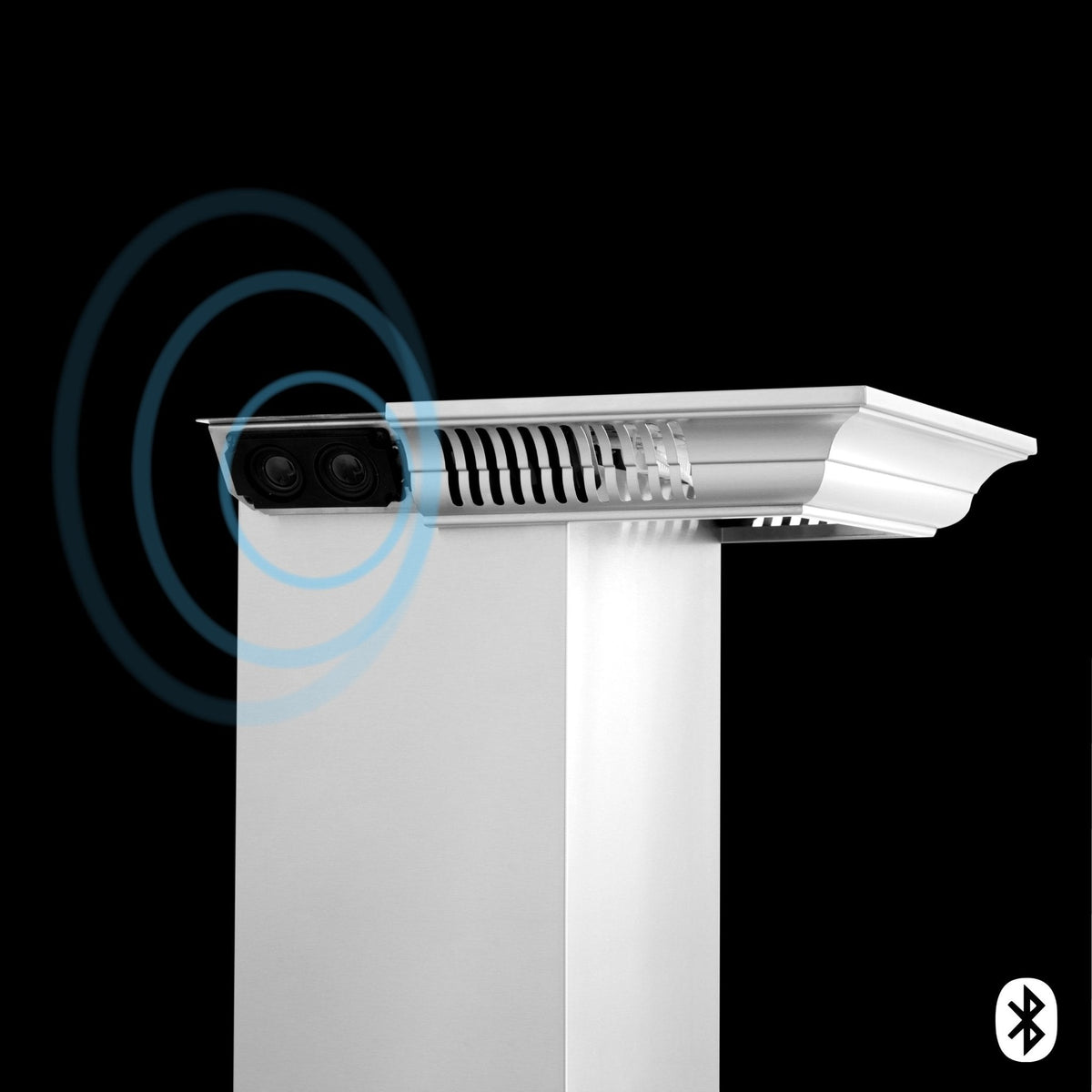 Stainless steel wall mount range hood with speaker grille on the chimney side