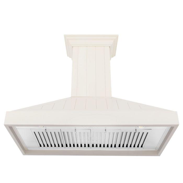 Cottage white wall-mount range hood underside with vent slats and filter grates