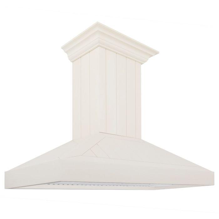 Cottage white wall-mount range hood with decorative chimney-style cover