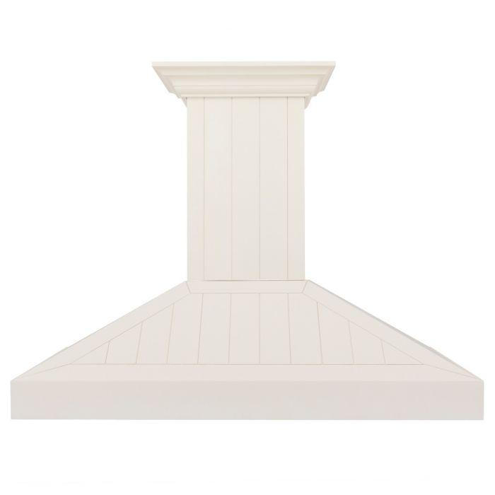Cottage white wall-mount range hood with wide canopy and flue trim