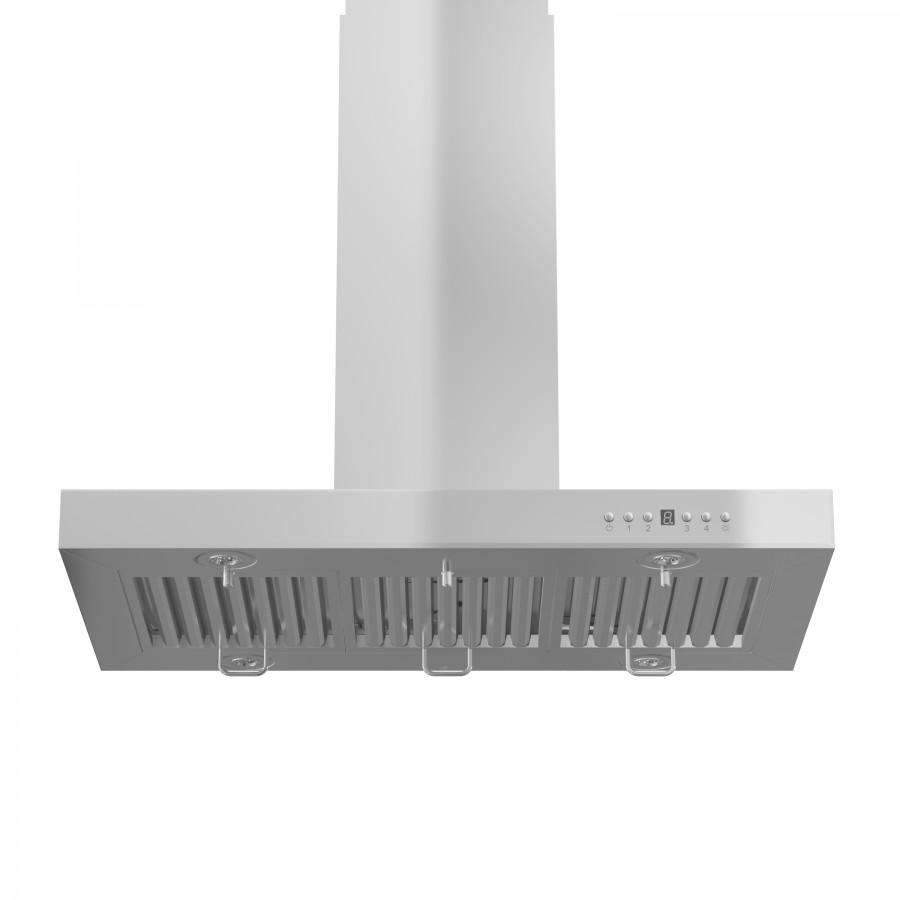 Stainless island range hood underside with vent grilles and front control panel