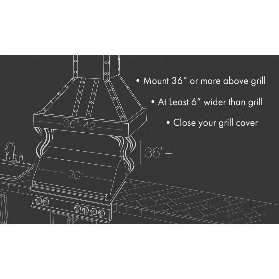 Line diagram of a ducted wall mount range hood with canopy over a grill