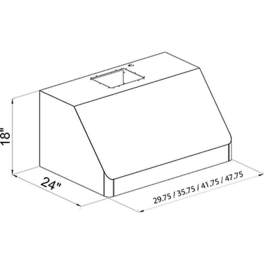 Under-cabinet range hood dimensional drawing with height and width indicators