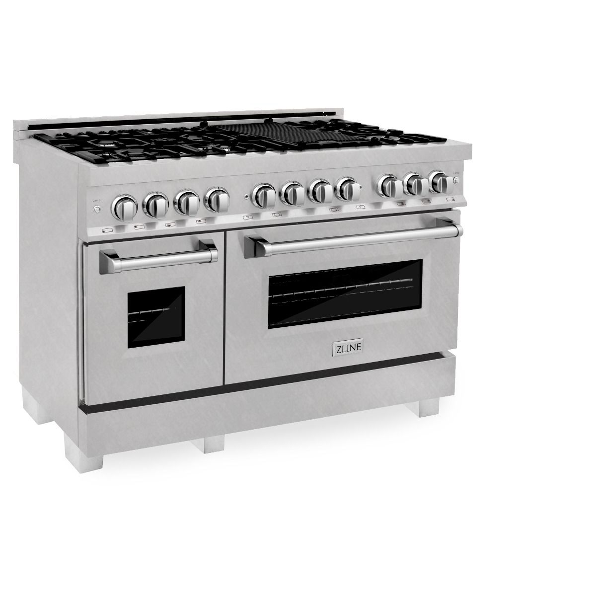 Stainless steel dual fuel range with black grates, control knobs, and two oven doors