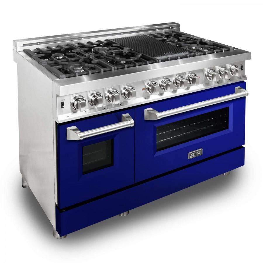 Dual fuel range front view with blue oven doors, stainless control panel, knobs