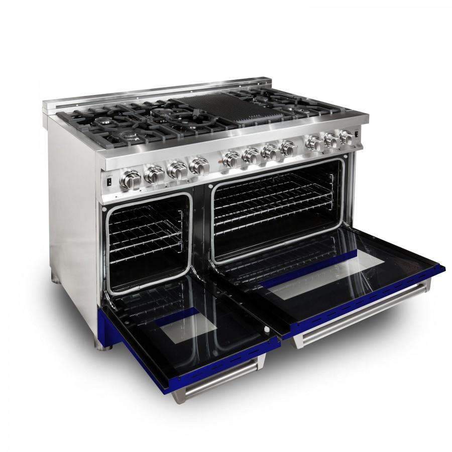 Dual fuel range with open double oven doors showing blue racks and heating chamber