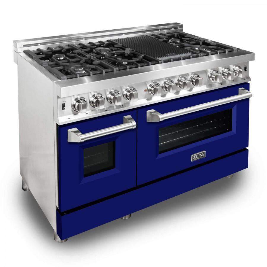48-inch dual fuel range with blue matte doors, stainless grates, and control knobs