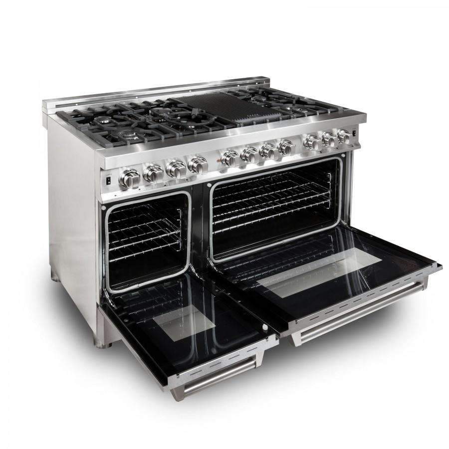 Satin stainless steel dual fuel range with fingerprint-resistant doors and control knobs