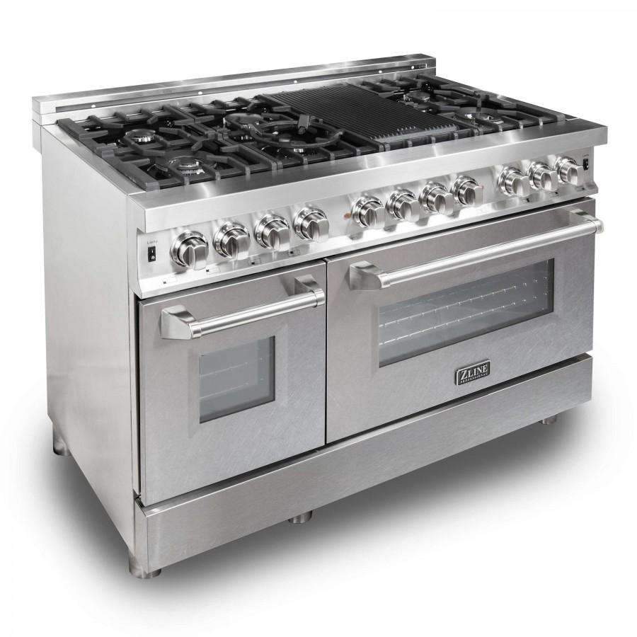 Stainless steel dual fuel range with burner grates, knobs, and oven doors