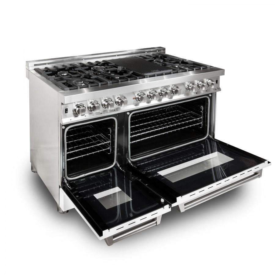 Dual fuel range with open oven doors showing dark interior racks and heating elements