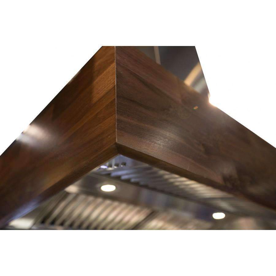 Wooden island range hood with underside vent grille detail