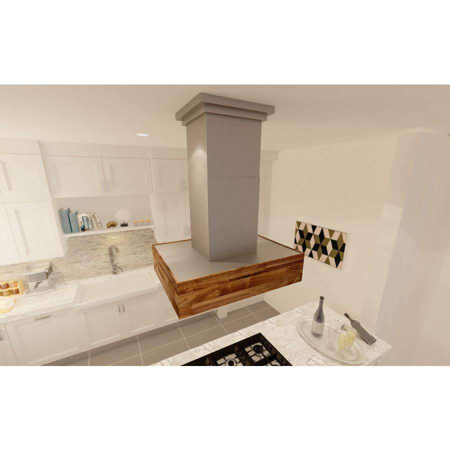 Light gray chimney island hood with wood base and top canopy