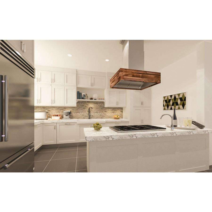 Wooden island range hood above cooktop in modern kitchen