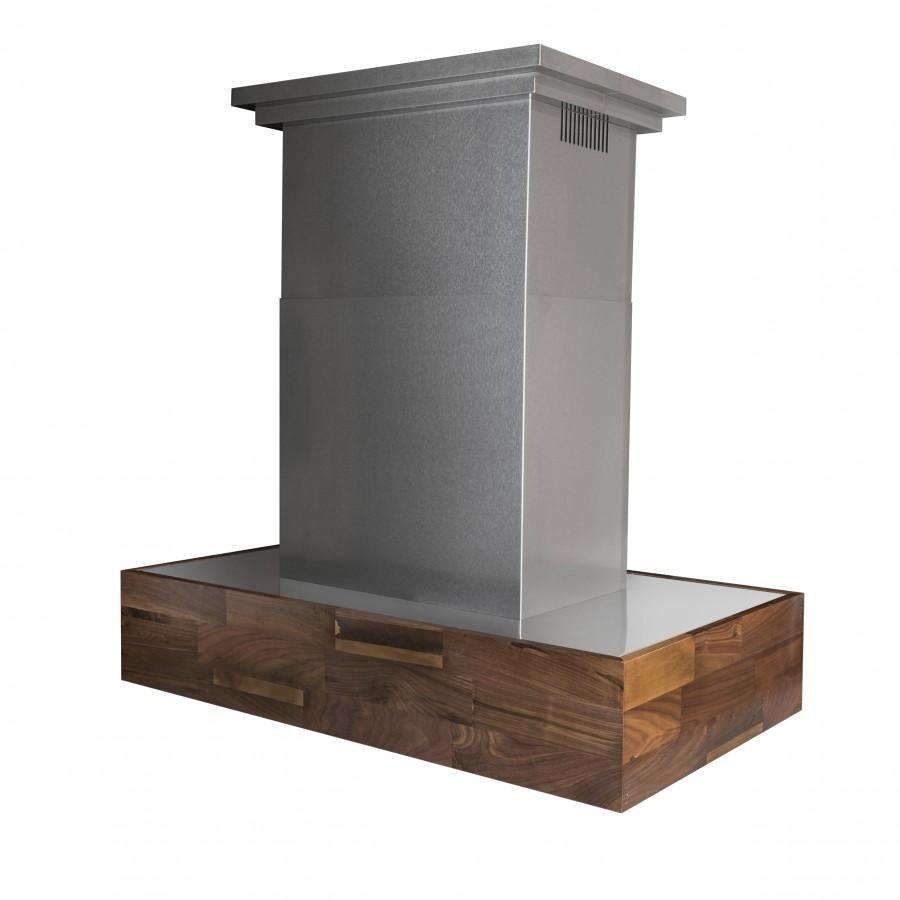 Dark gray chimney hood with wood bottom panel, island style