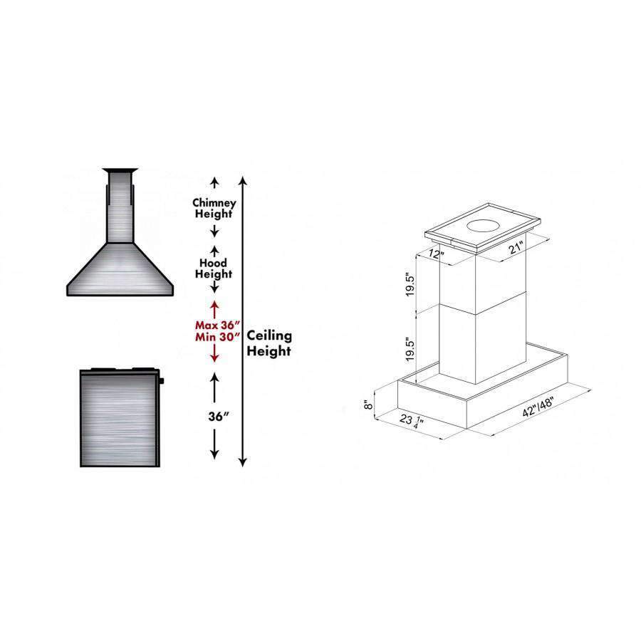 Island hood dimension diagram with chimney and hood height measurements