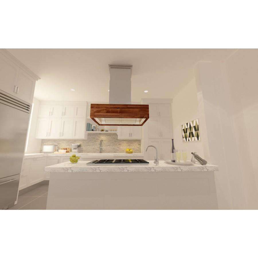 Wood-toned island range hood above electric cooktop