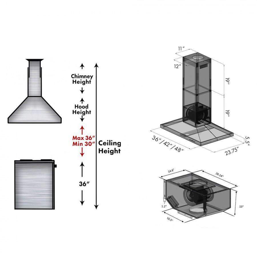Island range hood dimension diagram with chimney height and canopy footprint