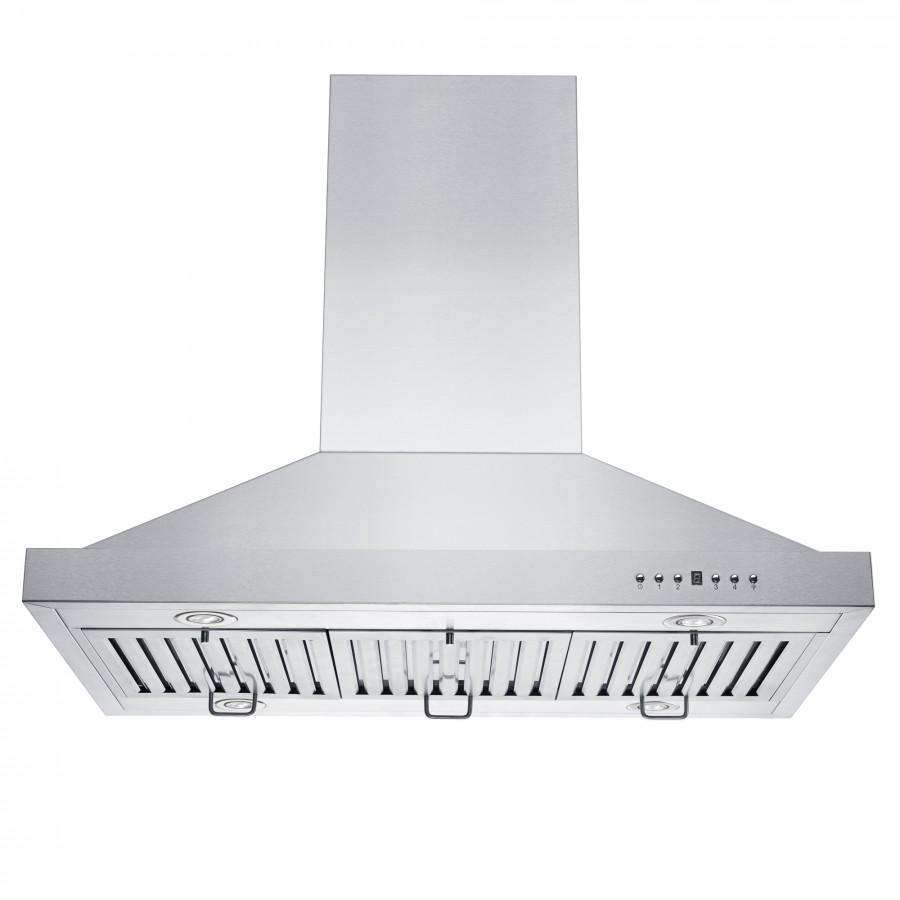 Stainless steel island range hood with control buttons and vented filter panels