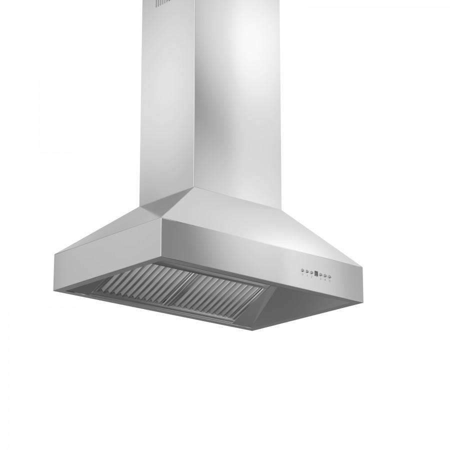 Stainless steel wall range hood with angled chimney and vented baffle filter
